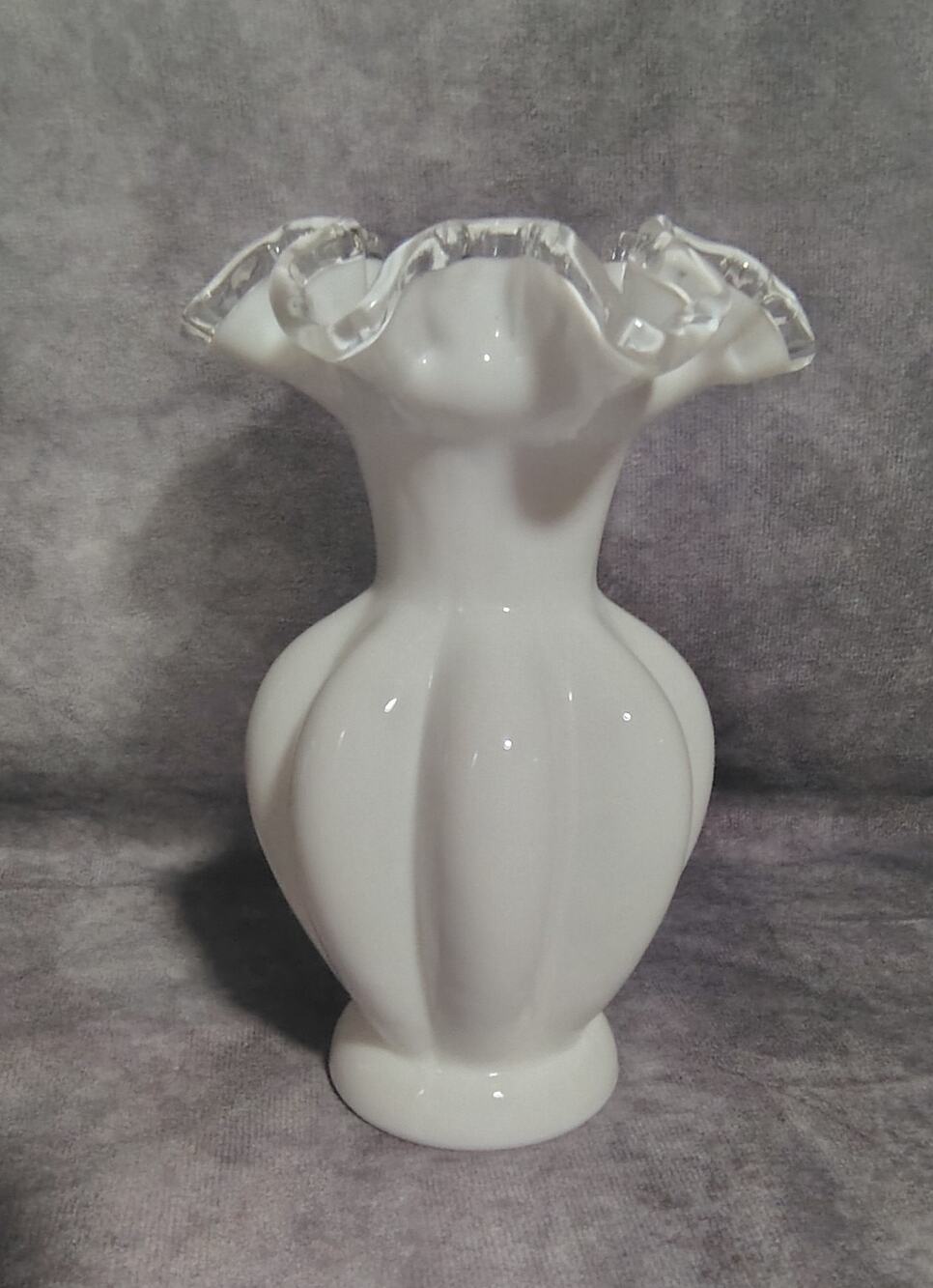Vintage White Milk Glass Fenton Silver Crest Melon Vase, UV Reactive